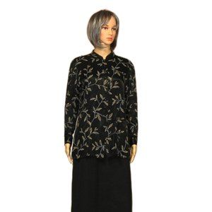 NOTATIONS Vintage Nehru Collar LS Button Down Tunic Blouse ~ Black w/ Leaf Print